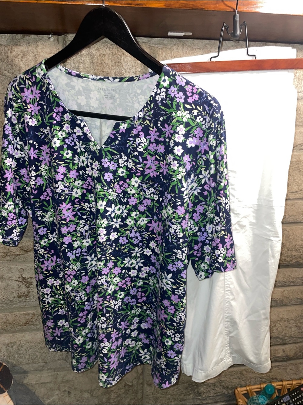 Appleseed's Navy Floral V-Neck Long Sleeve Top with Purple & Green